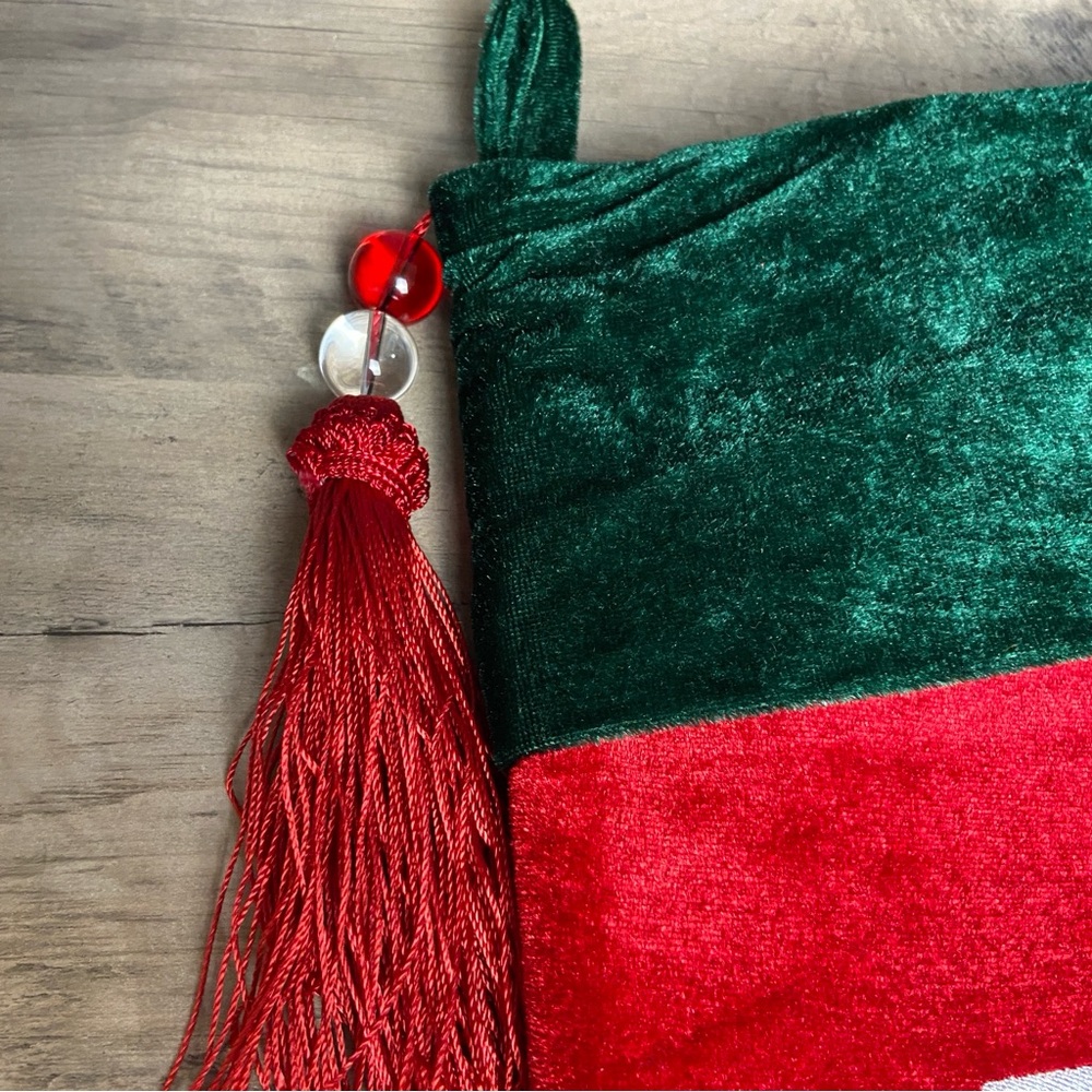 Christmas Stocking Red &‎ Green Velvet With Tassel, Rhinestone Monogram (R) - Picture 3 of 7